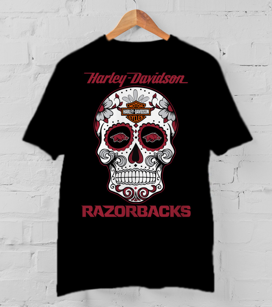 Harley Davidson Razorbacks Sugar Skull Motor Cycles T-Shirt