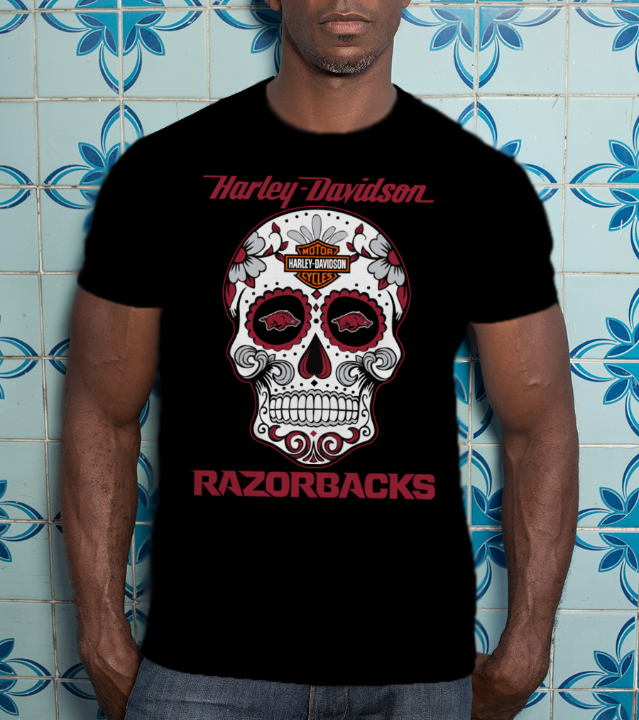 Harley Davidson Razorbacks Sugar Skull Motor Cycles T-Shirt