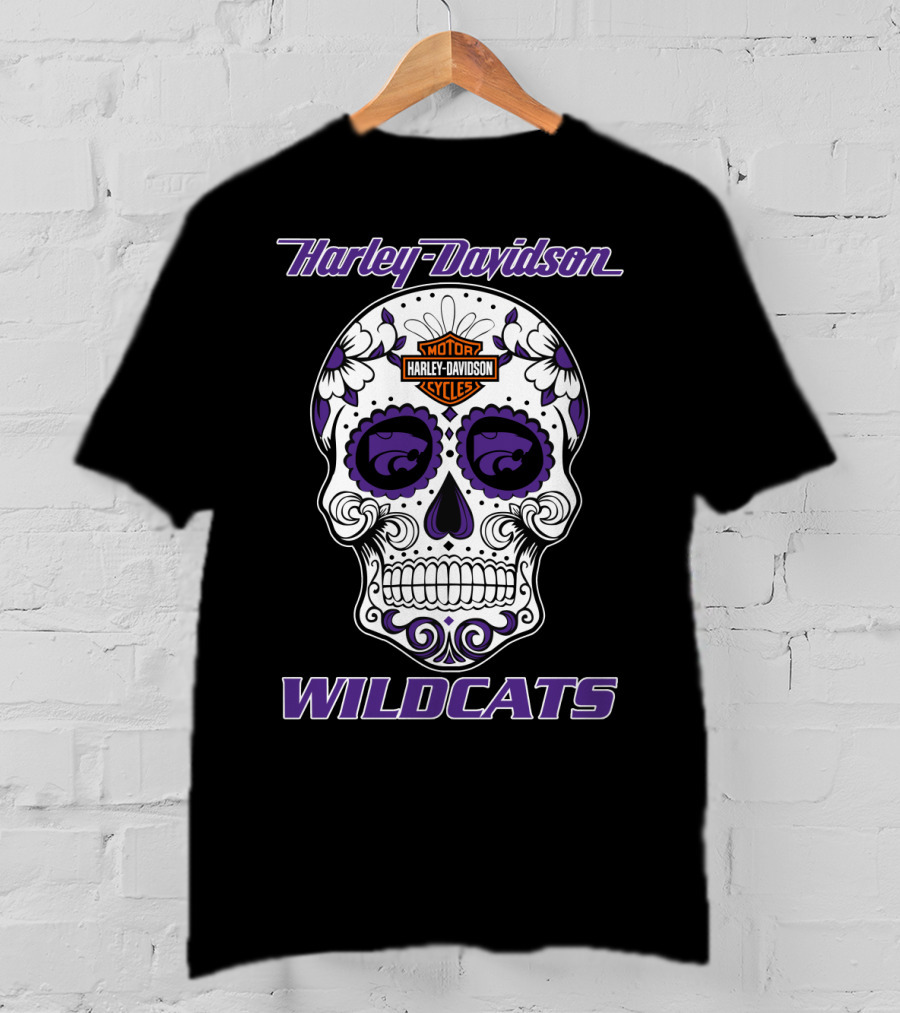 Harley Davidson Wildcats Kansas State Motor Cycles Day Of The Dead Skull T-Shirt