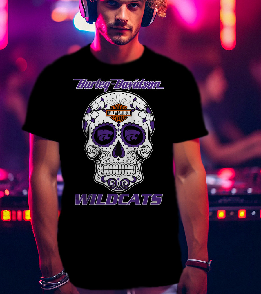 Harley Davidson Wildcats Kansas State Motor Cycles Day Of The Dead Skull T-Shirt