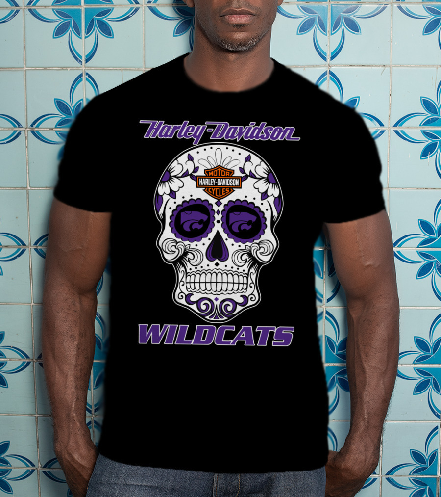 Harley Davidson Wildcats Kansas State Motor Cycles Day Of The Dead Skull T-Shirt