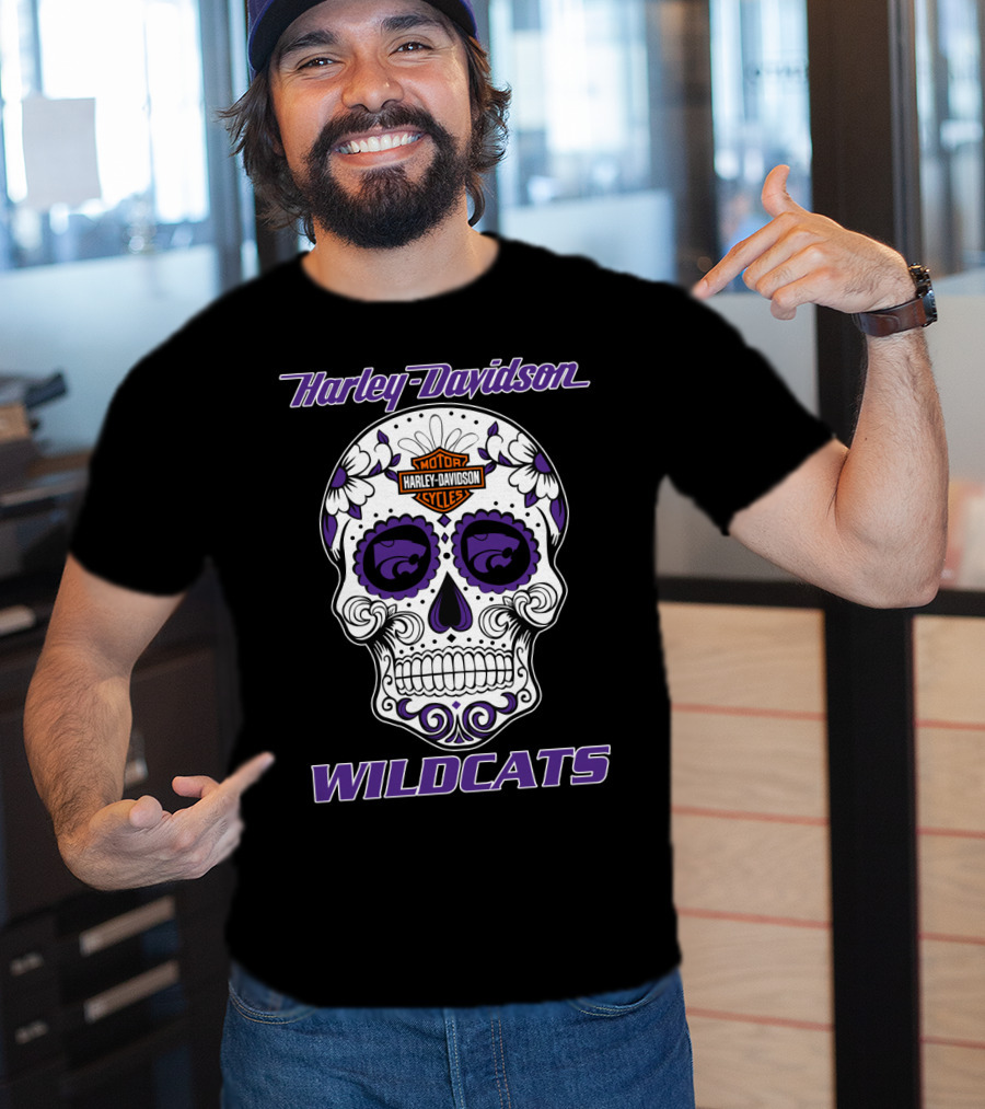 Harley Davidson Wildcats Kansas State Motor Cycles Day Of The Dead Skull T-Shirt