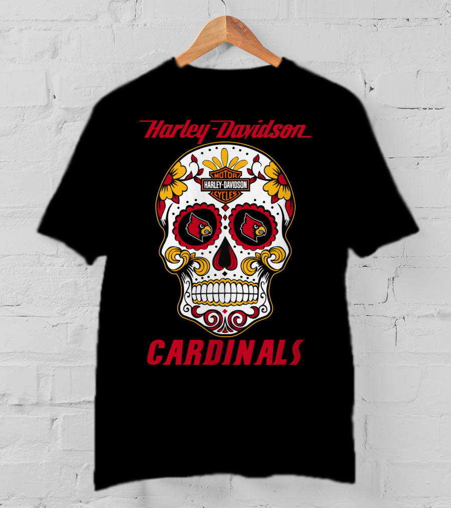 Harley Davidson Louisville Cardinals Dia De Los Muertos Skull T-Shirt
