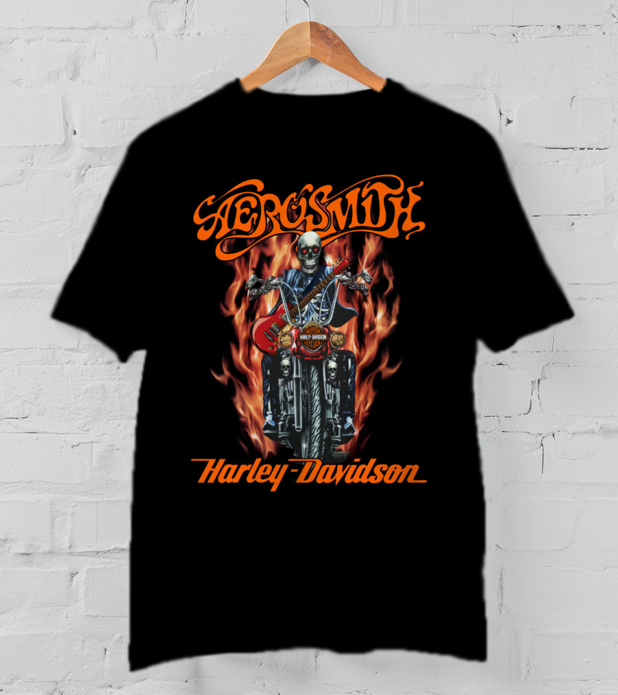 Aerosmith Harley Davidson Skull Rider Flame Guitar T-Shirt