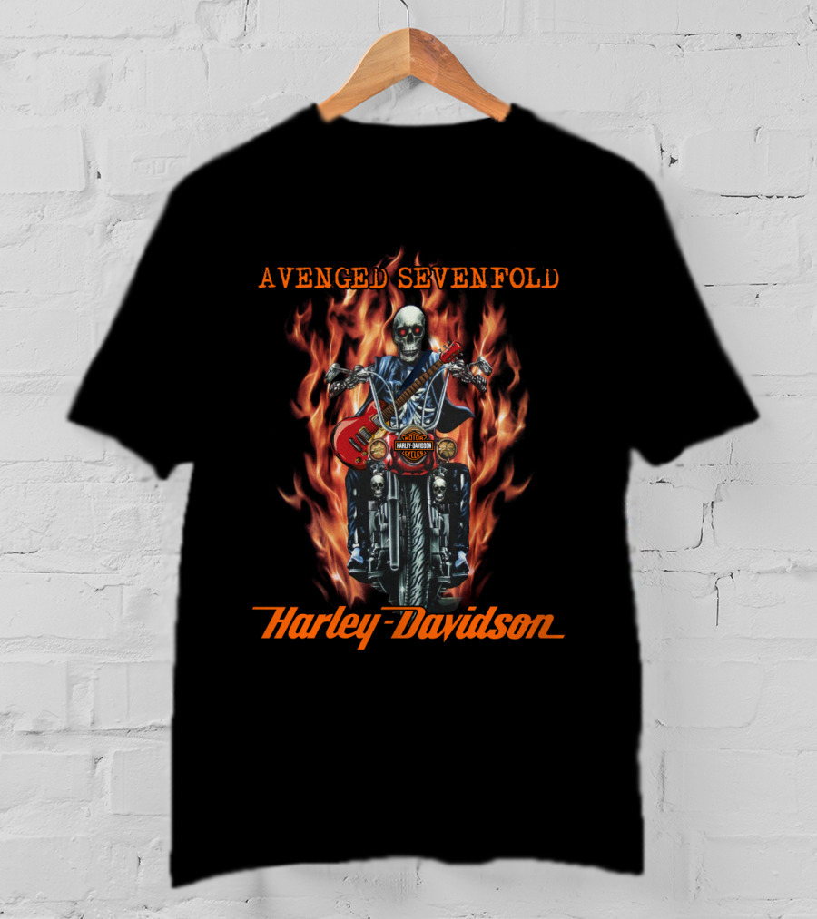 Avenged Sevenfold Harley Davidson Skeleton With Guitar And Flames T-Shirt