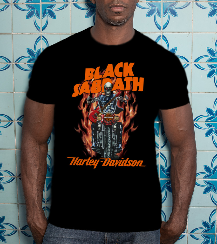 Black Sabbath Harley Davidson Skeleton Guitar Flames T-Shirt