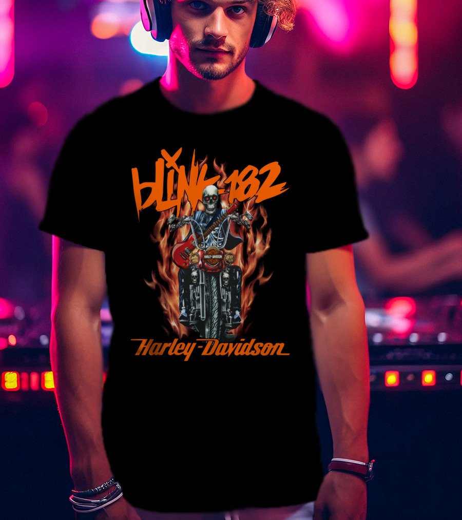 Blink 182 Harley Davidson Skeleton Guitar Flames T-Shirt