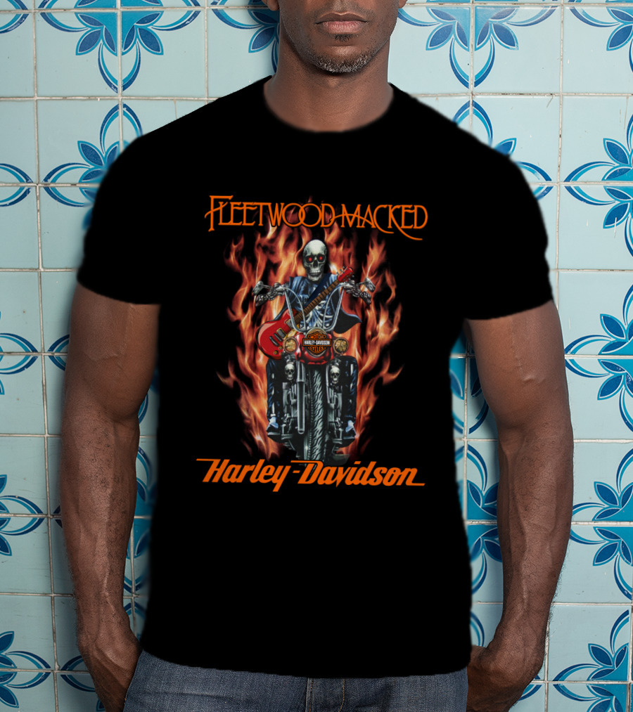 Fleetwood Macked Harley Davidson Skeleton Flames Guitar T-Shirt