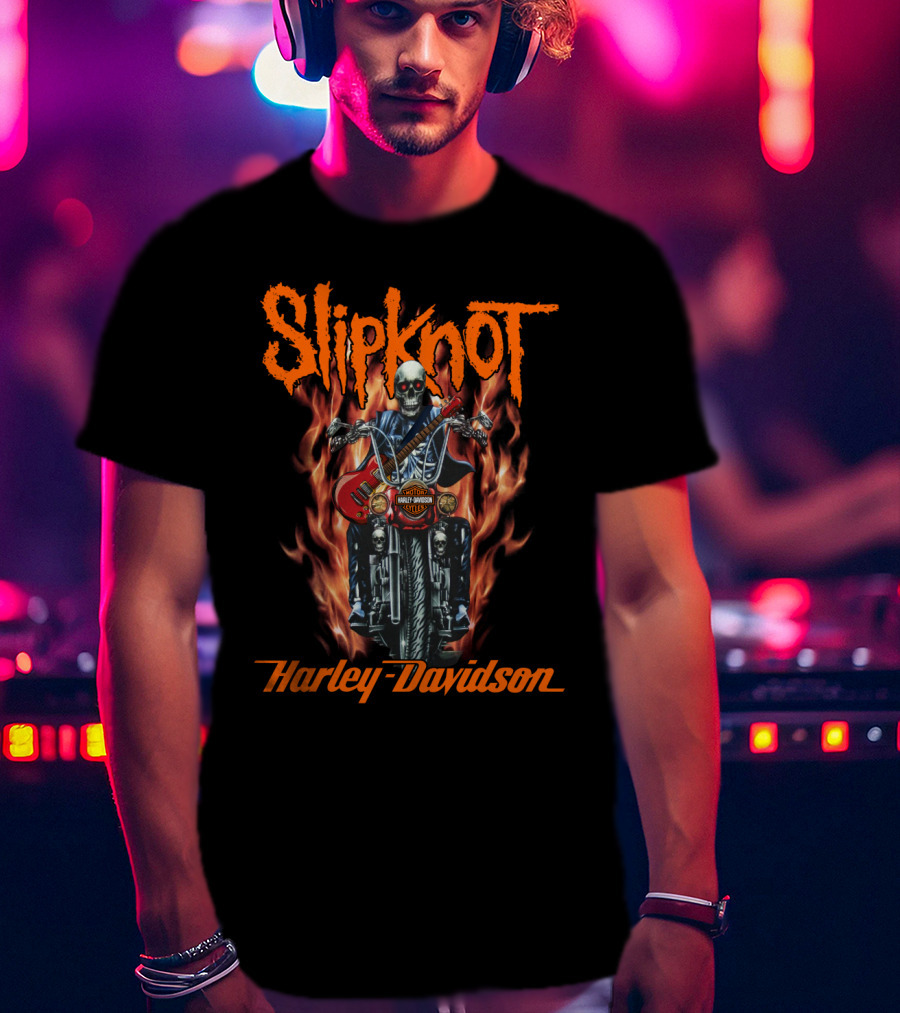 Slipknot Harley Davidson Flaming Skeleton Motorcycle Rider T-Shirt