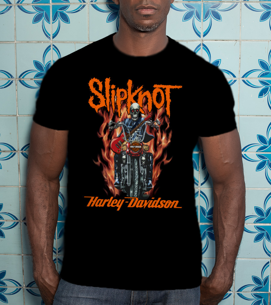 Slipknot Harley Davidson Flaming Skeleton Motorcycle Rider T-Shirt