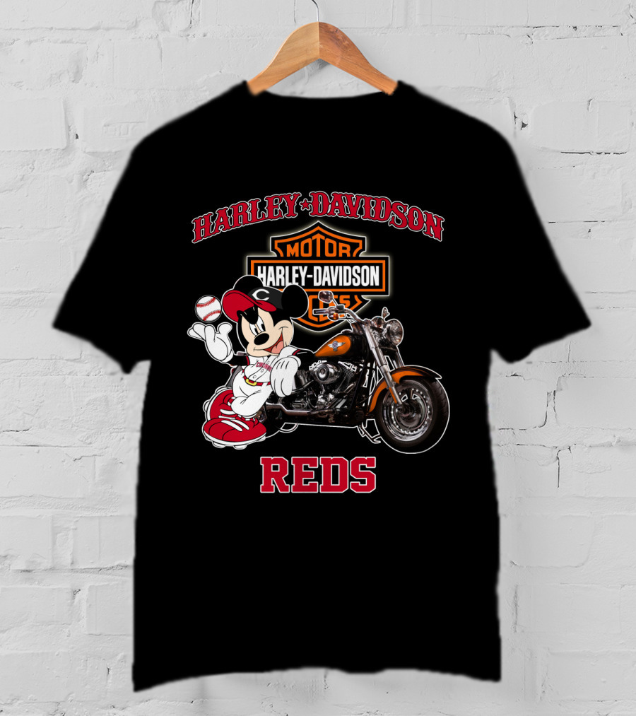Harley Davidson Reds Cincinnati Motorcycle Mickey Mouse Baseball T-Shirt