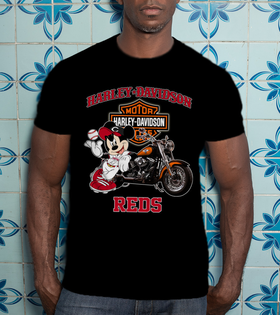 Harley Davidson Reds Cincinnati Motorcycle Mickey Mouse Baseball T-Shirt