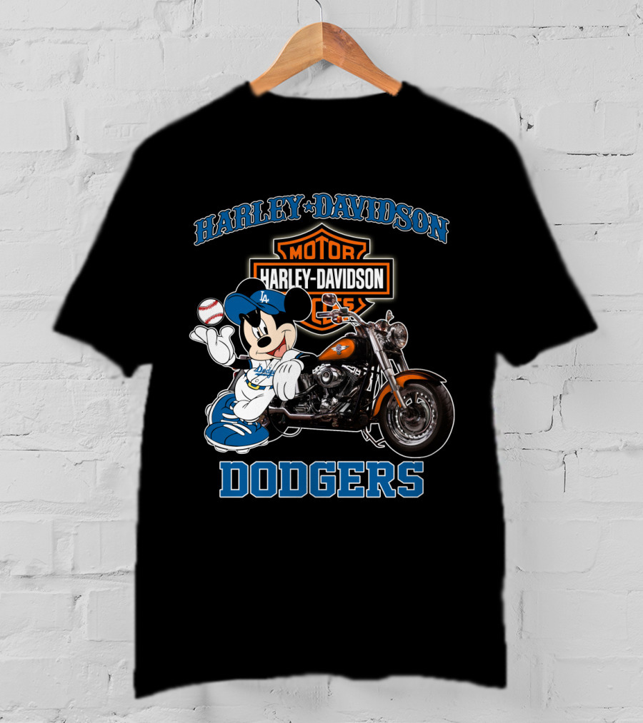 Harley Davidson Los Angeles Dodgers Mickey Mouse Motorcycle Baseball T-Shirt