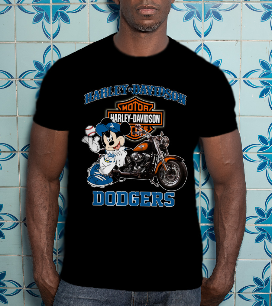 Harley Davidson Los Angeles Dodgers Mickey Mouse Motorcycle Baseball T-Shirt