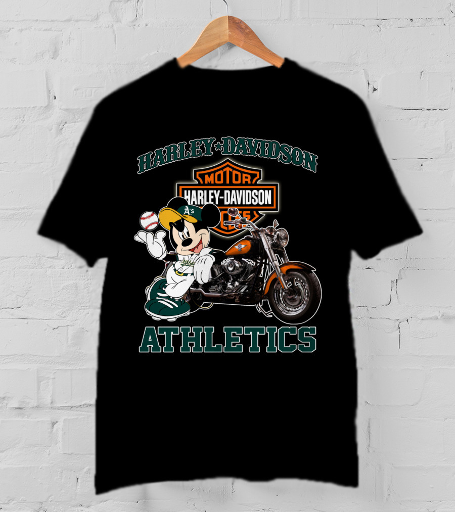 Harley Davidson Oakland Athletics With Mickey Mouse Baseball Motorcycle T-Shirt