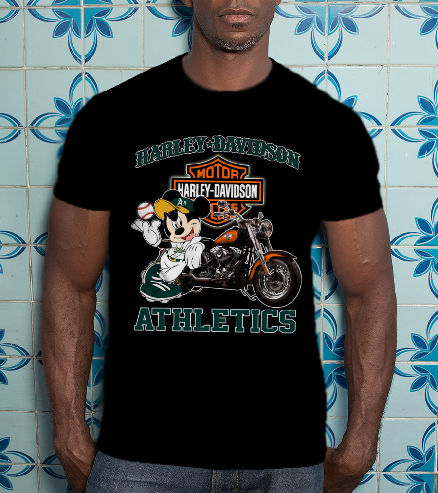 Harley Davidson Oakland Athletics With Mickey Mouse Baseball Motorcycle T-Shirt