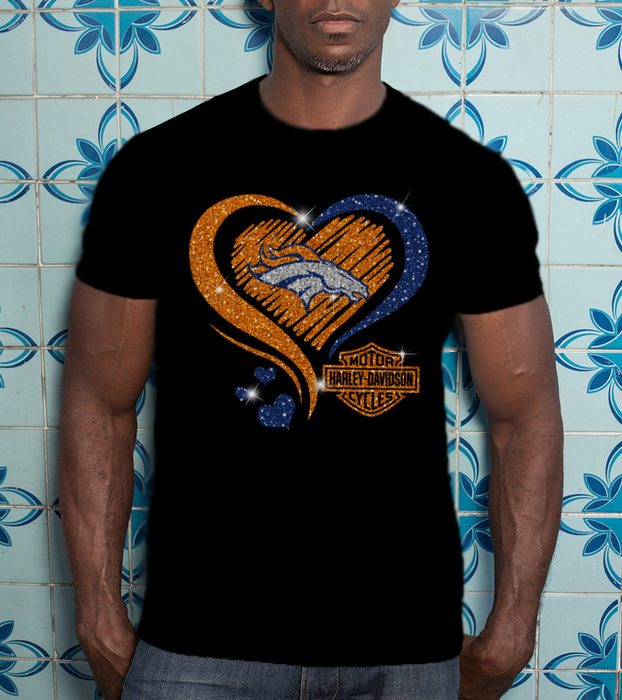 Denver Broncos Harley Davidson Sparkle Heart Nfl T-Shirt
