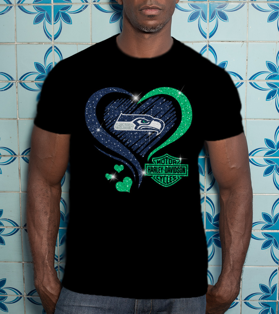 Harley Davidson Motorcycles Heart With Seattle Seahawks T-Shirt