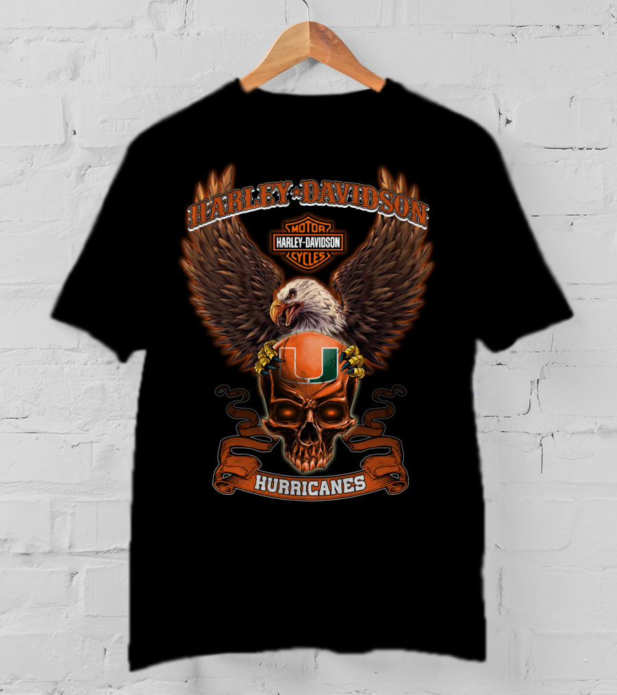 Harley Davidson Motor Cycles Miami Hurricanes Eagle Skull T-Shirt