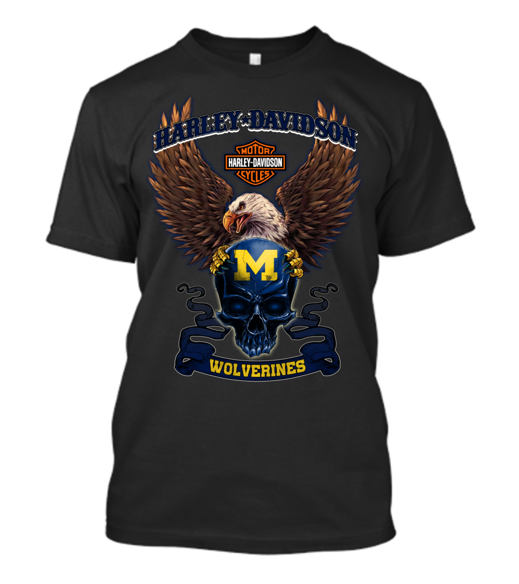 Harley Davidson Motor Cycles Wolverines M Eagle Skull T-Shirt