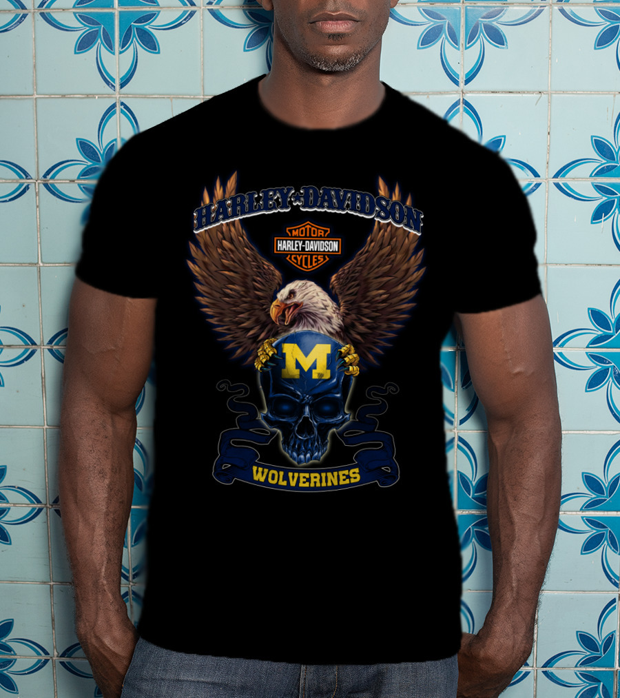 Harley Davidson Motor Cycles Wolverines M Eagle Skull T-Shirt