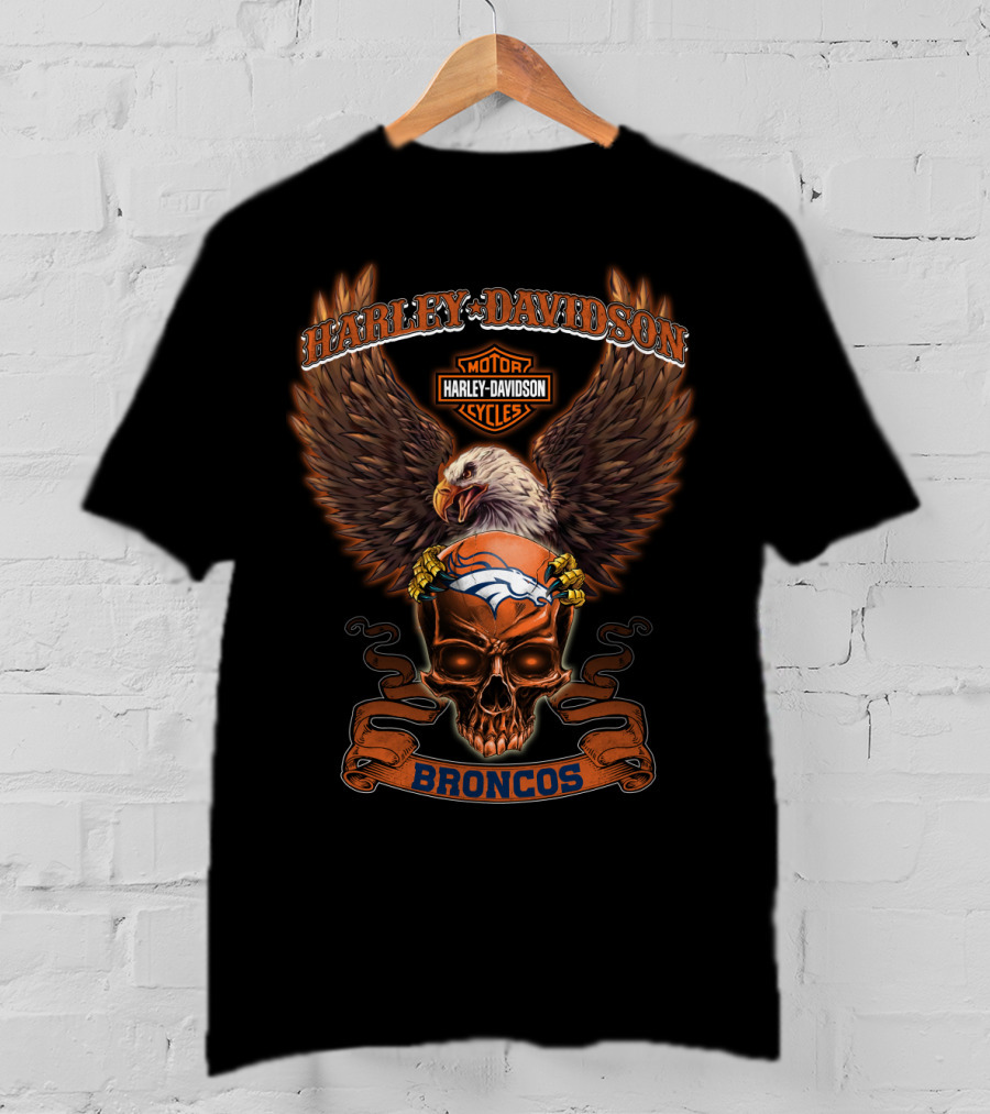 Harley Davidson Motor Cycles Denver Broncos Eagle Skull T-Shirt