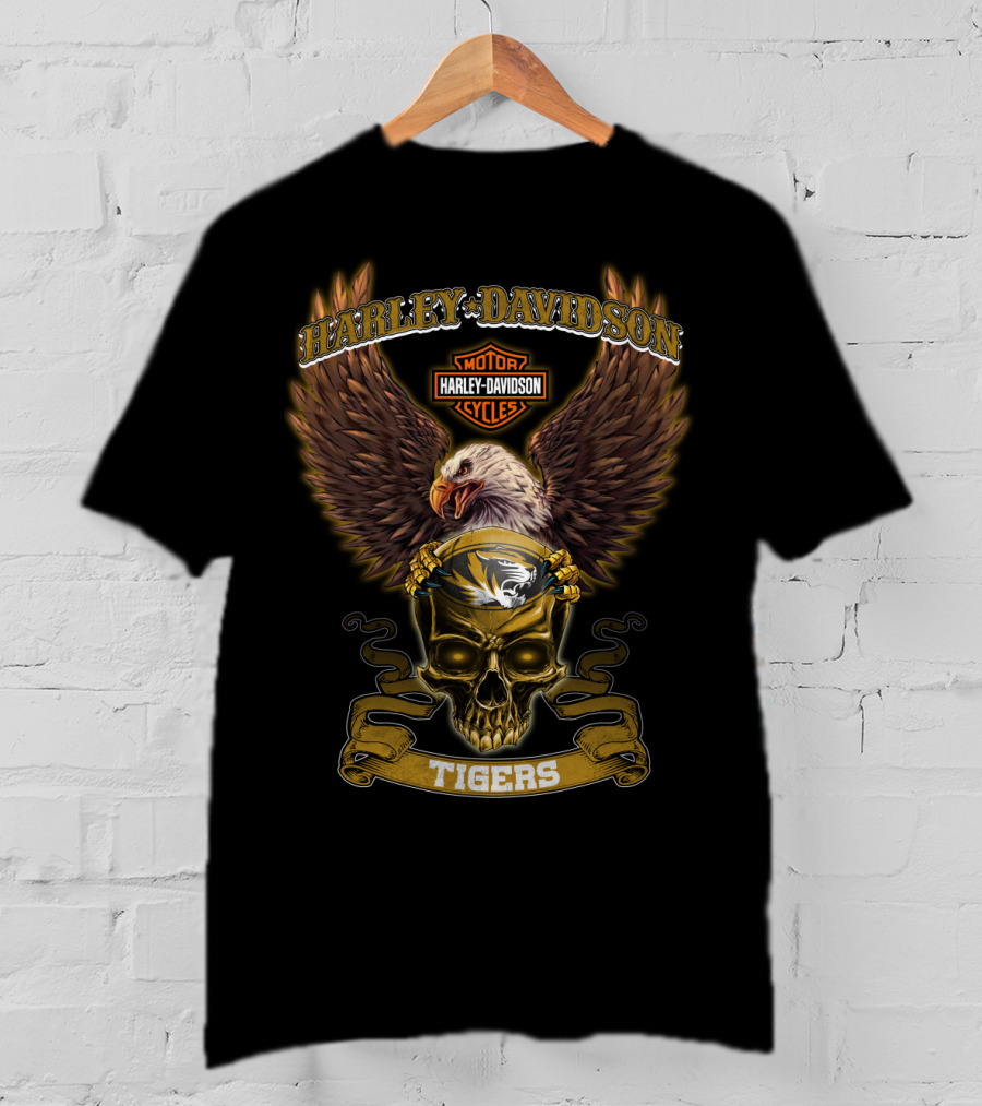 Harley Davidson Motor Cycles Eagles And Skull Missouri Tigers T-Shirt