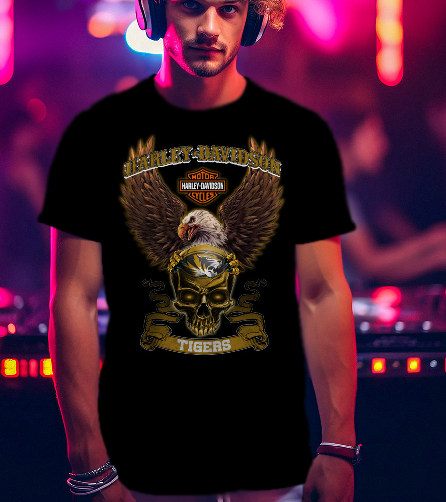 Harley Davidson Motor Cycles Eagles And Skull Missouri Tigers T-Shirt