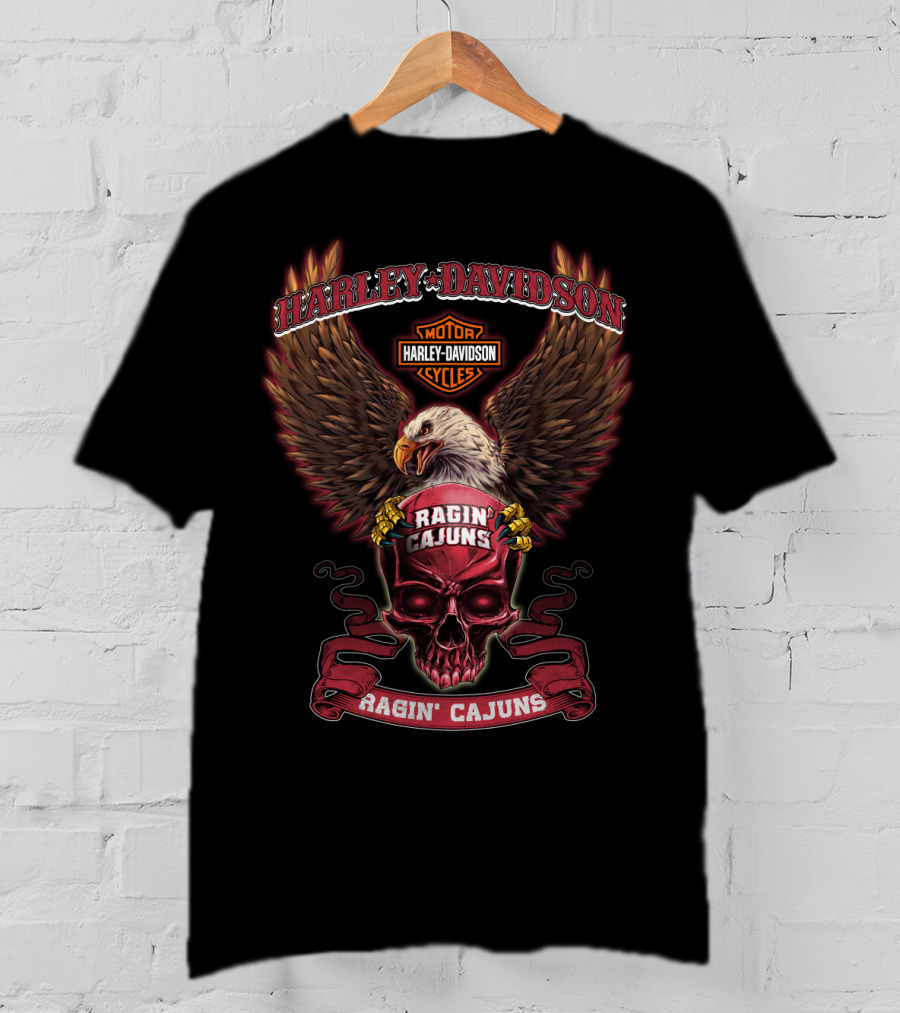 Harley Davidson Motor Cycles Ragin' Cajuns Eagle & Skull T-Shirt