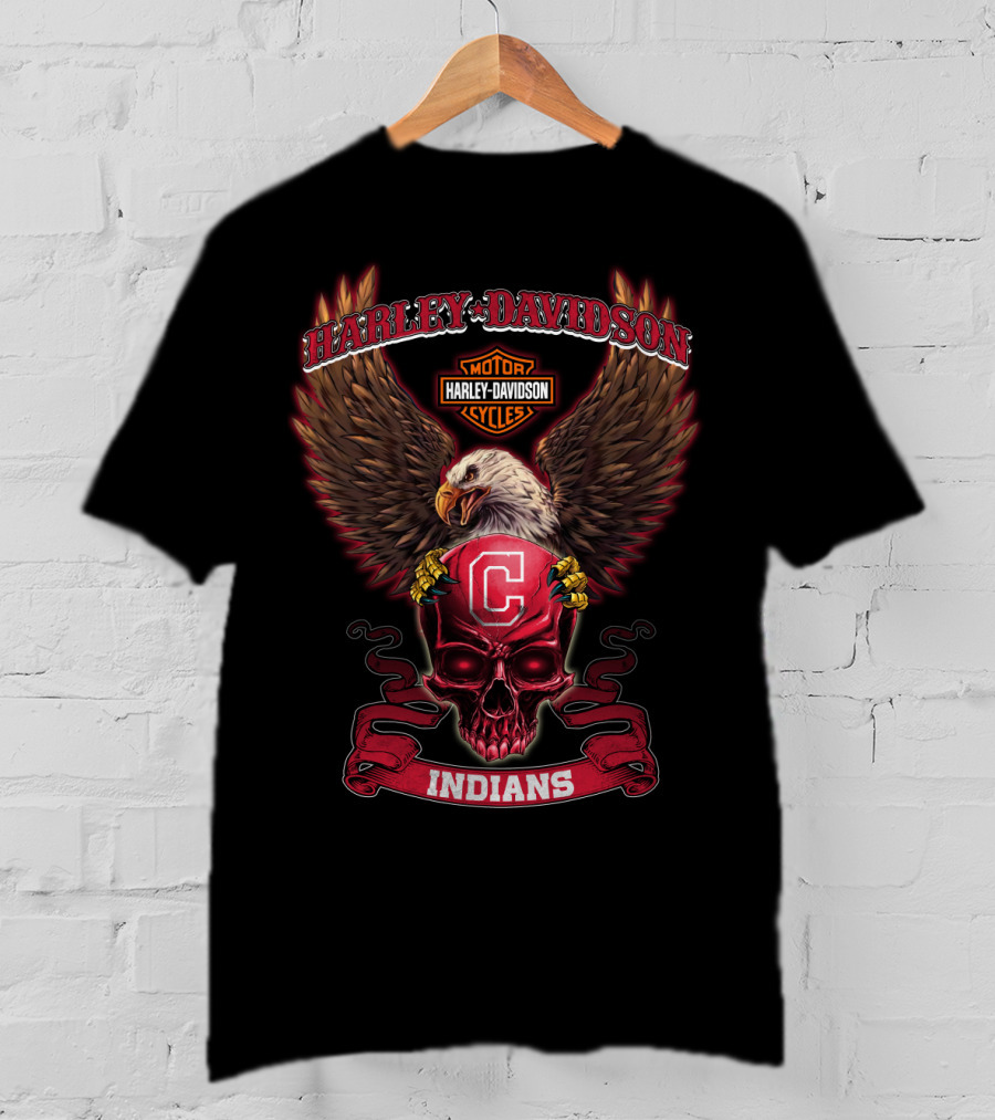 Harley Davidson Bald Eagle Cleveland Indians C Skull T-Shirt