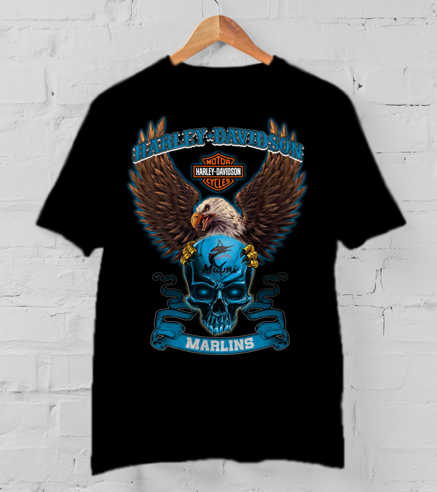 Harley Davidson Miami Marlins Eagle Skull T-Shirt