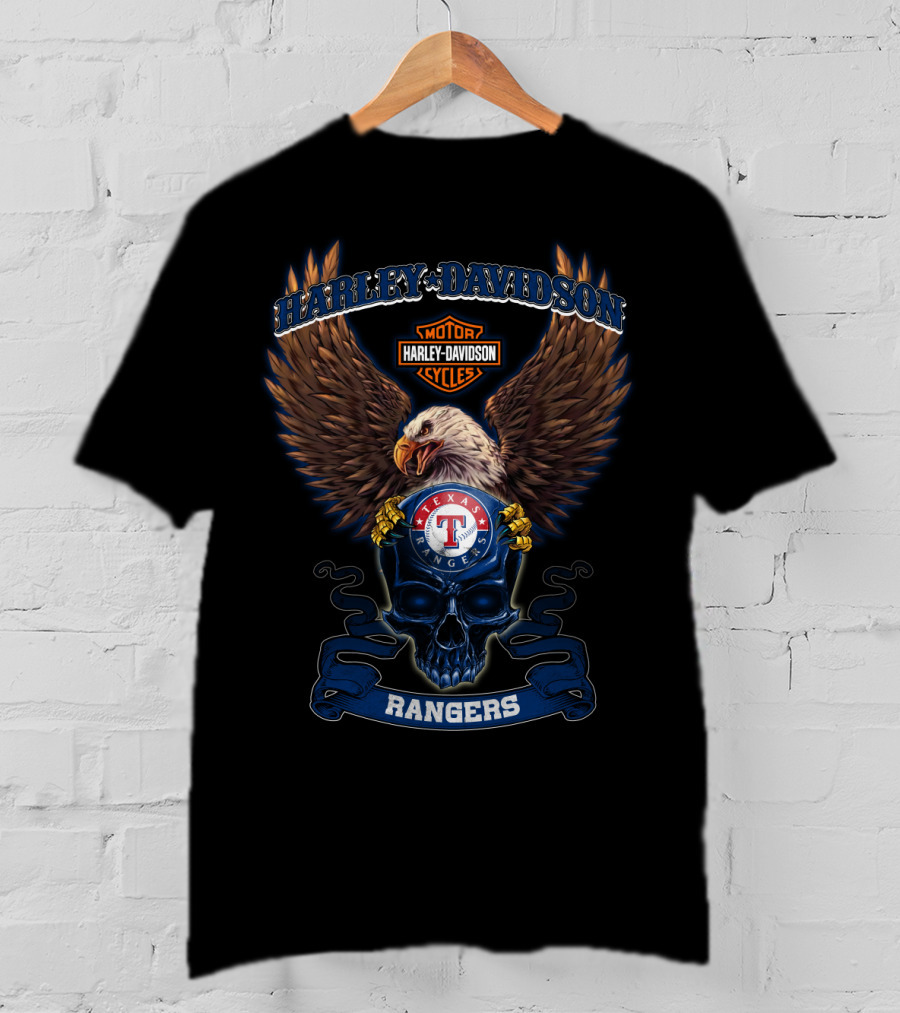 Harley Davidson Motor Cycles Texas Rangers Eagle Skull Rangers T-Shirt