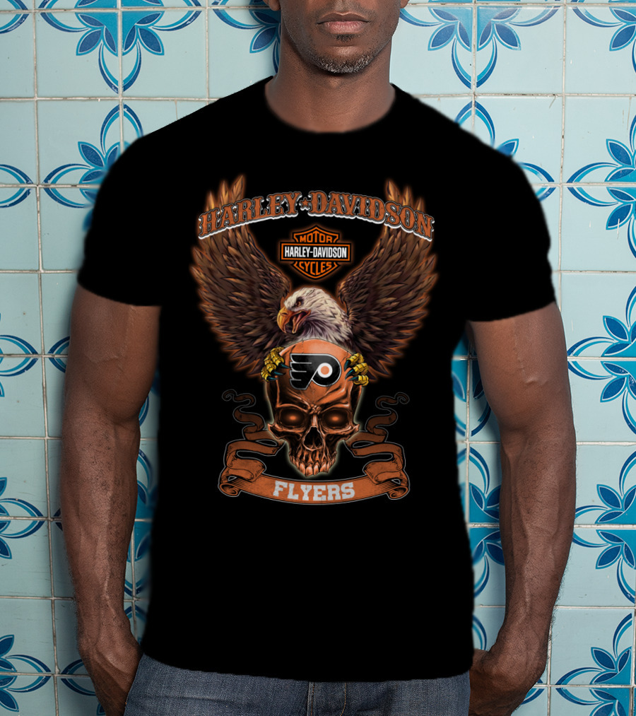 Harley Davidson Motor Cycles Flyers Philadelphia Eagles Skull T-Shirt