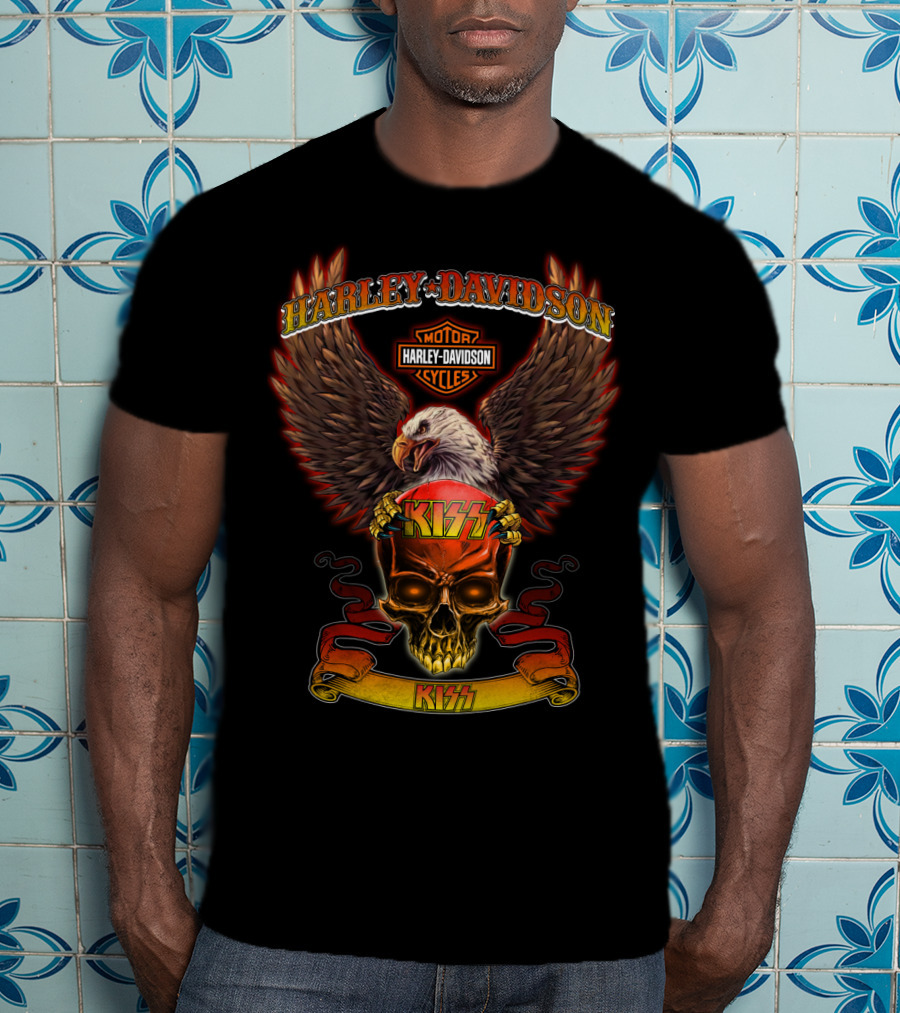 Harley Davidson Motor Cycles Eagle Skull Kiss T-Shirt