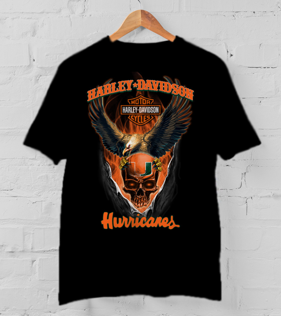 Harley Davidson Miami Hurricanes Motorcycles Skull And Eagle T-Shirt