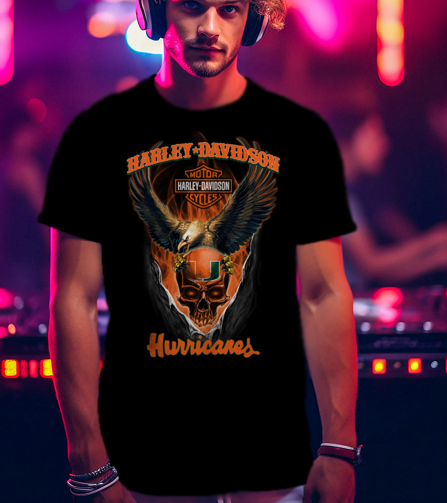 Harley Davidson Miami Hurricanes Motorcycles Skull And Eagle T-Shirt