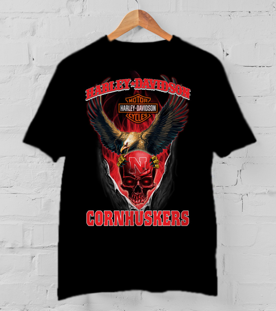 Harley Davidson Cornhuskers Eagle Skull N Motorcycle Cycles T-Shirt