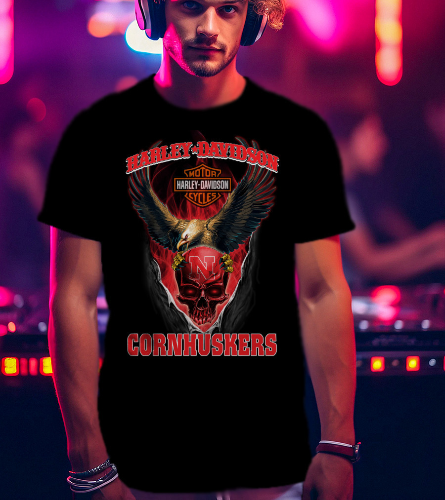 Harley Davidson Cornhuskers Eagle Skull N Motorcycle Cycles T-Shirt