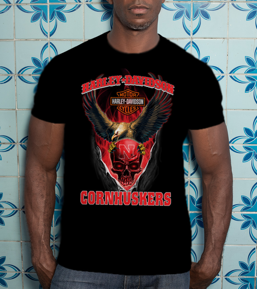 Harley Davidson Cornhuskers Eagle Skull N Motorcycle Cycles T-Shirt