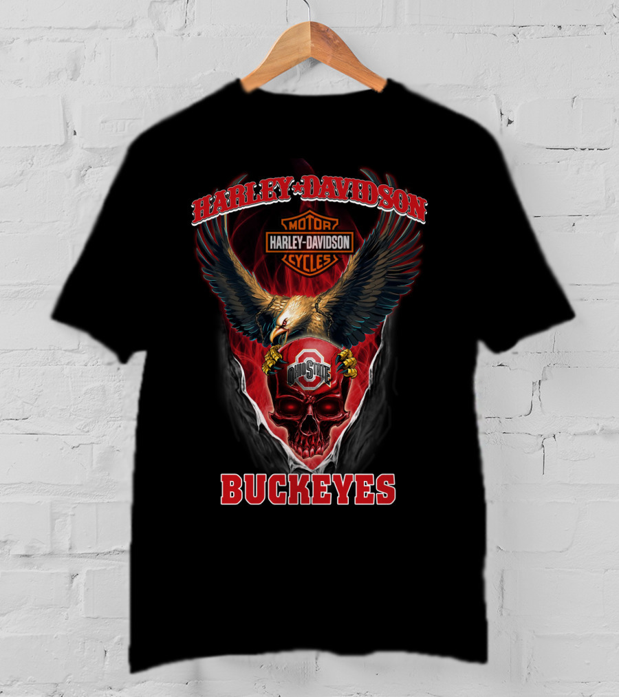 Harley Davidson Motor Cycles Eagle Ohio State Skull Buckeyes T-Shirt