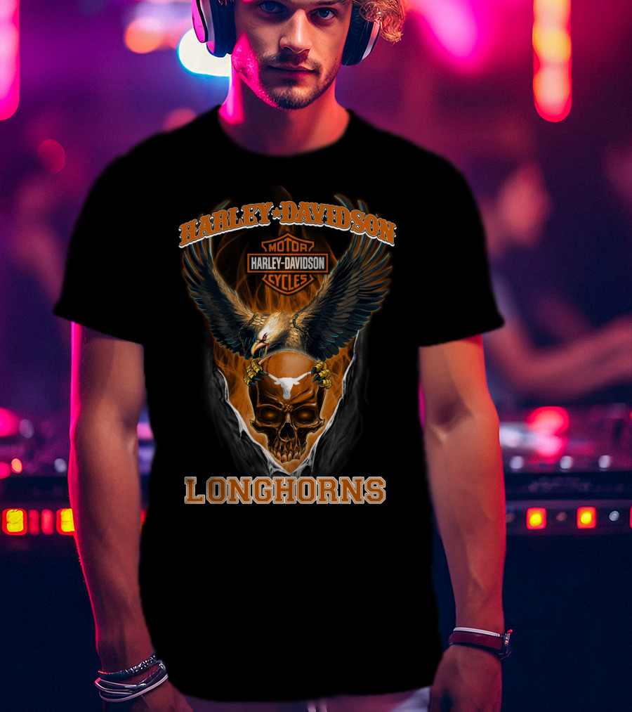 Harley Davidson Motorcycles Longhorns Eagle Skull T-Shirt