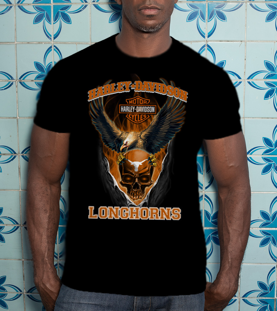 Harley Davidson Motorcycles Longhorns Eagle Skull T-Shirt