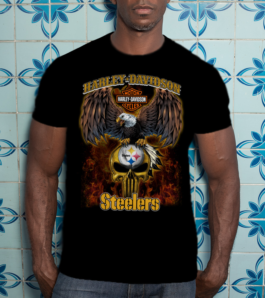 Harley Davidson Motor Cycles Steelers Eagle Skull Flames T-Shirt