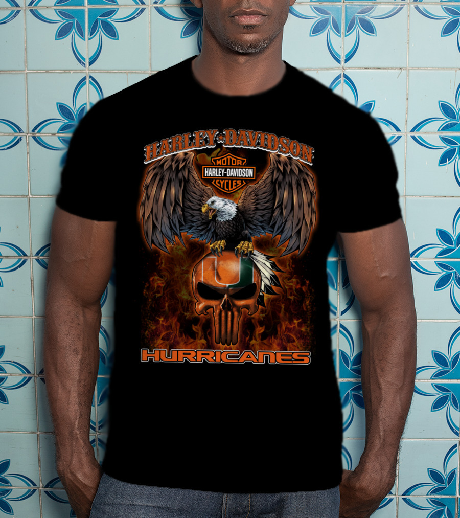 Harley Davidson Motor Cycles Miami Hurricanes Eagle Skull Flame T-Shirt