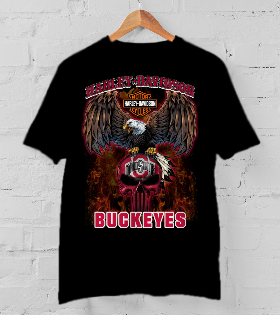 Harley Davidson Ohio State Buckeyes Skull Eagle Flames T-Shirt