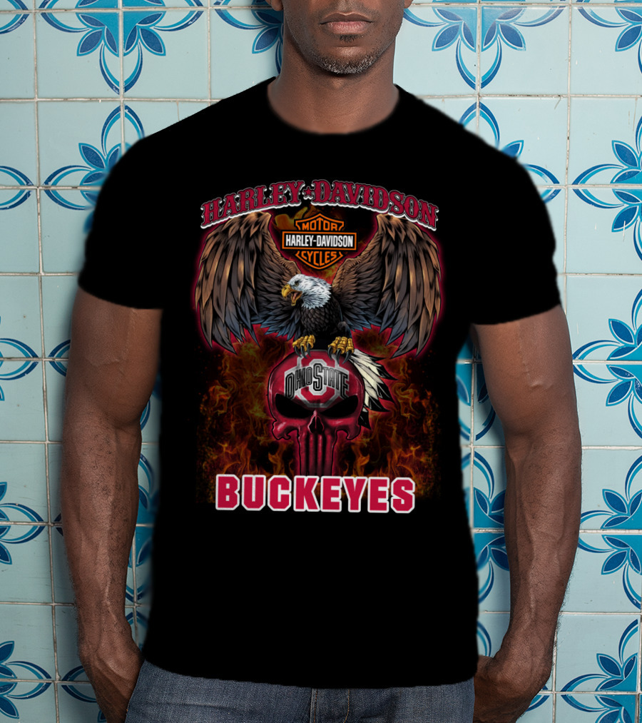 Harley Davidson Ohio State Buckeyes Skull Eagle Flames T-Shirt