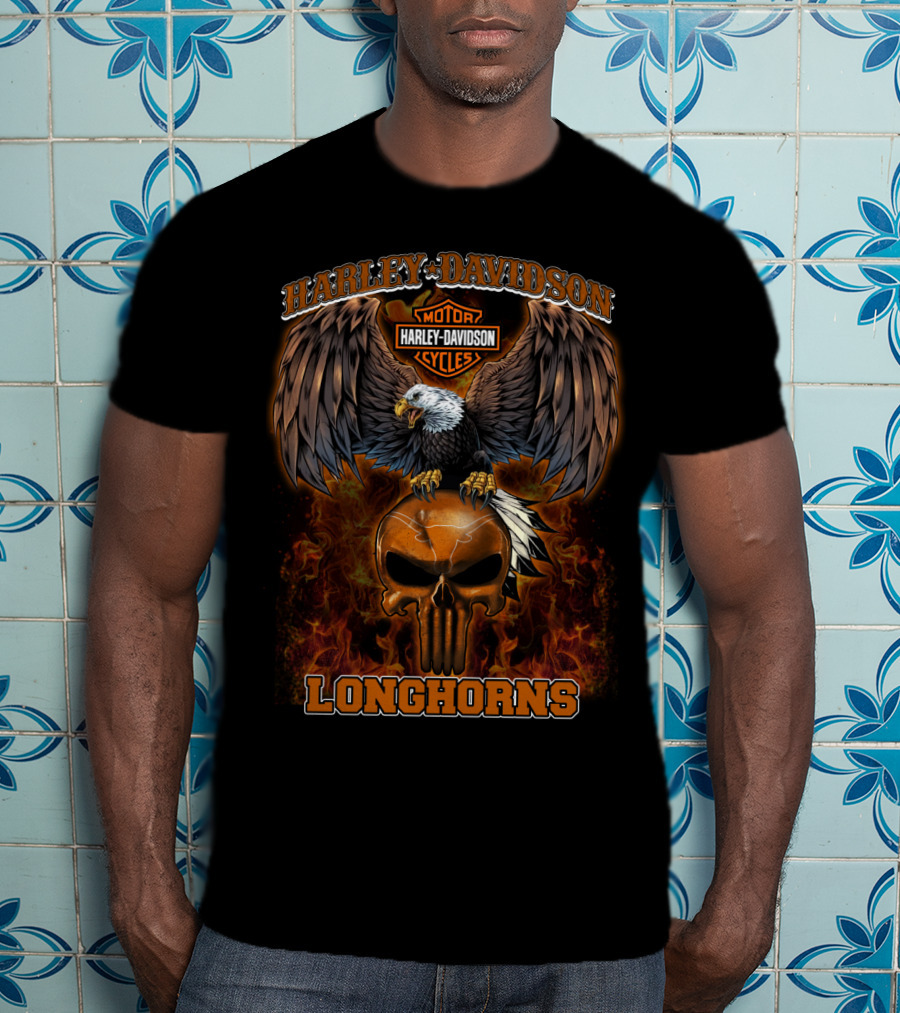 Harley Davidson Motor Cycles Longhorns Eagle Skull T-Shirt