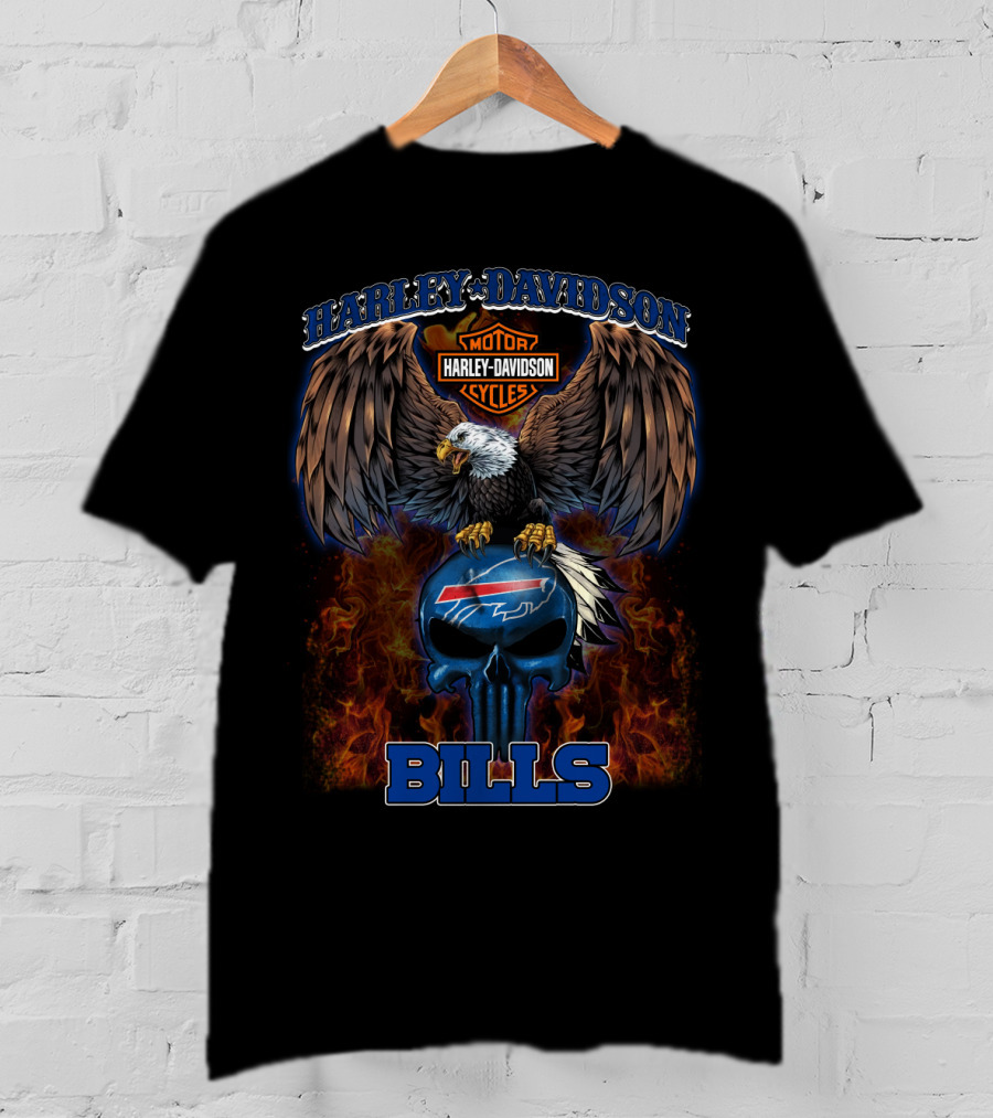 Harley Davidson Motor Cycles Buffalo Bills Eagle Skull Flames T-Shirt