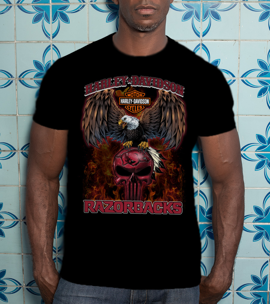 Harley Davidson Motor Cycles Eagle Skull Razorbacks T-Shirt