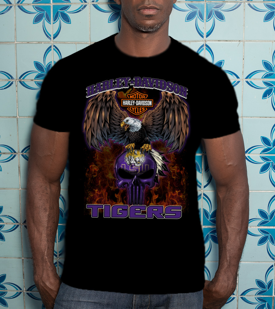 Harley Davidson Lsu Tigers Eagle And Skull T-Shirt